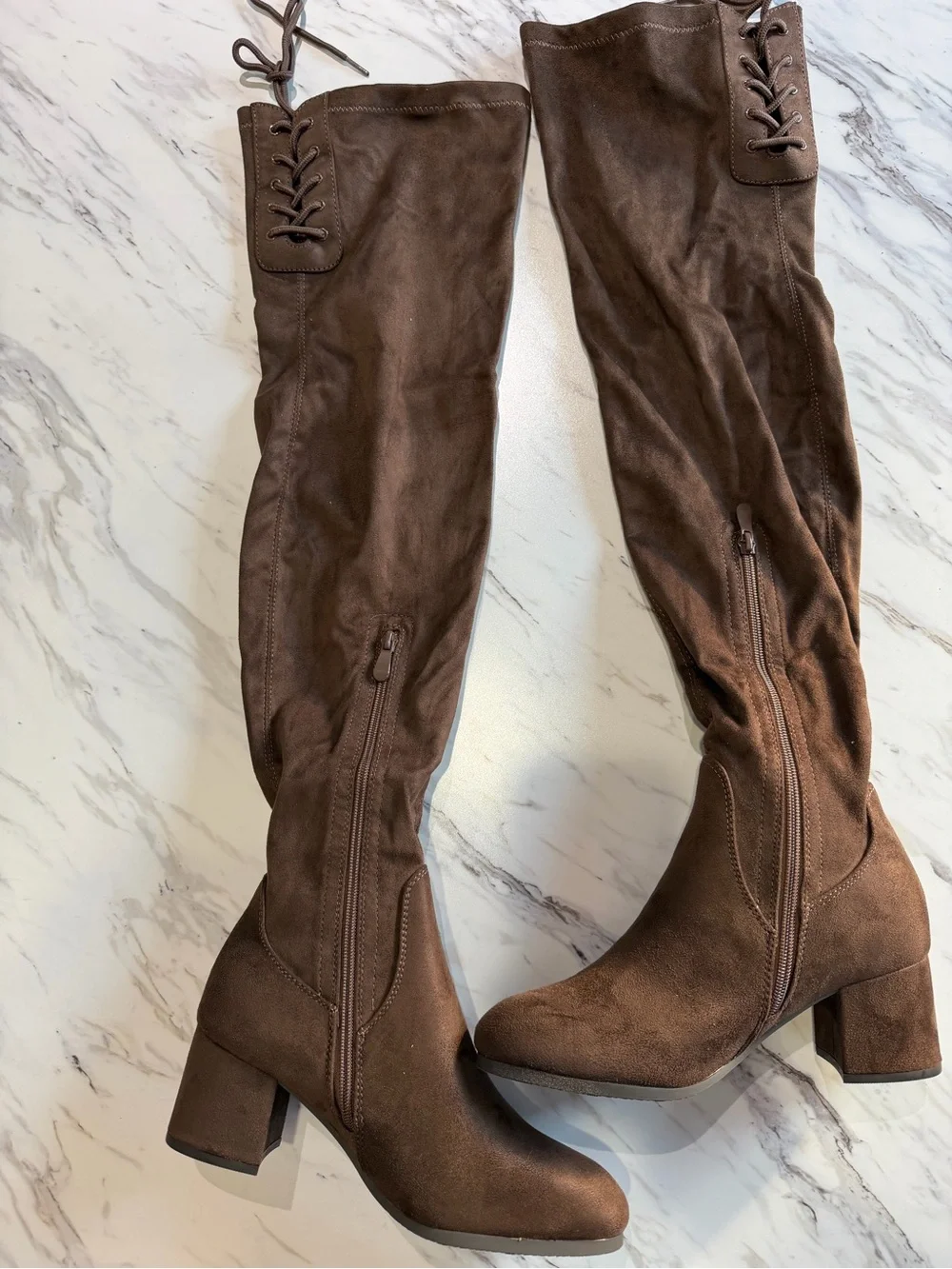 Over-the-Knee Block Heel Boots in Brown - NEVER WORN